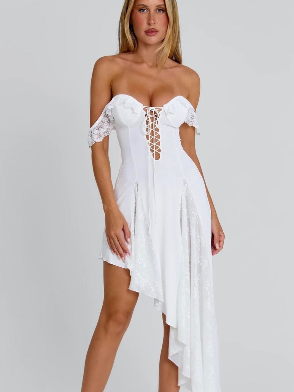 White Off-Shoulder Lace-Up Asymmetrical Dress